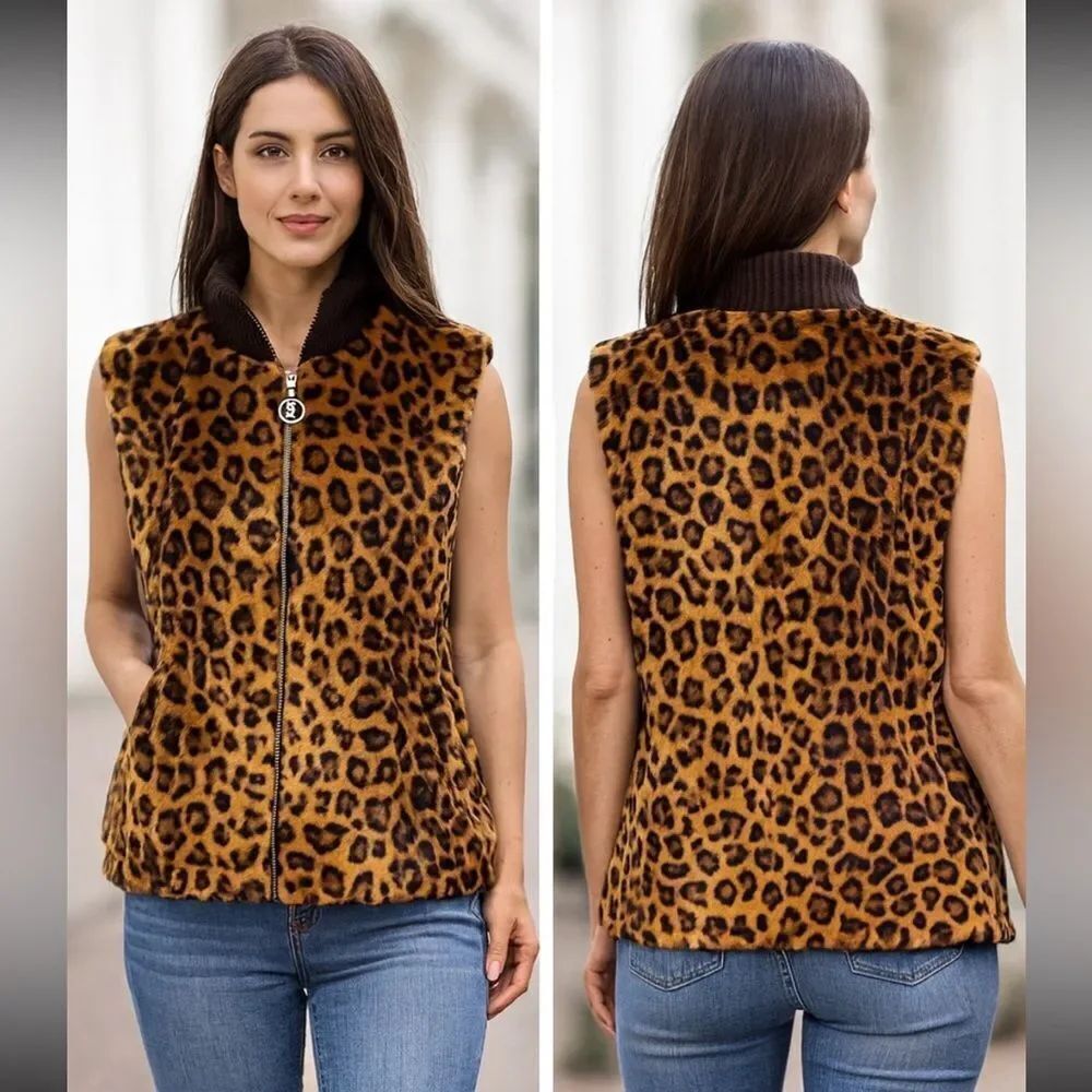 St.John SportLeopard Print Faux Fur Vest, M